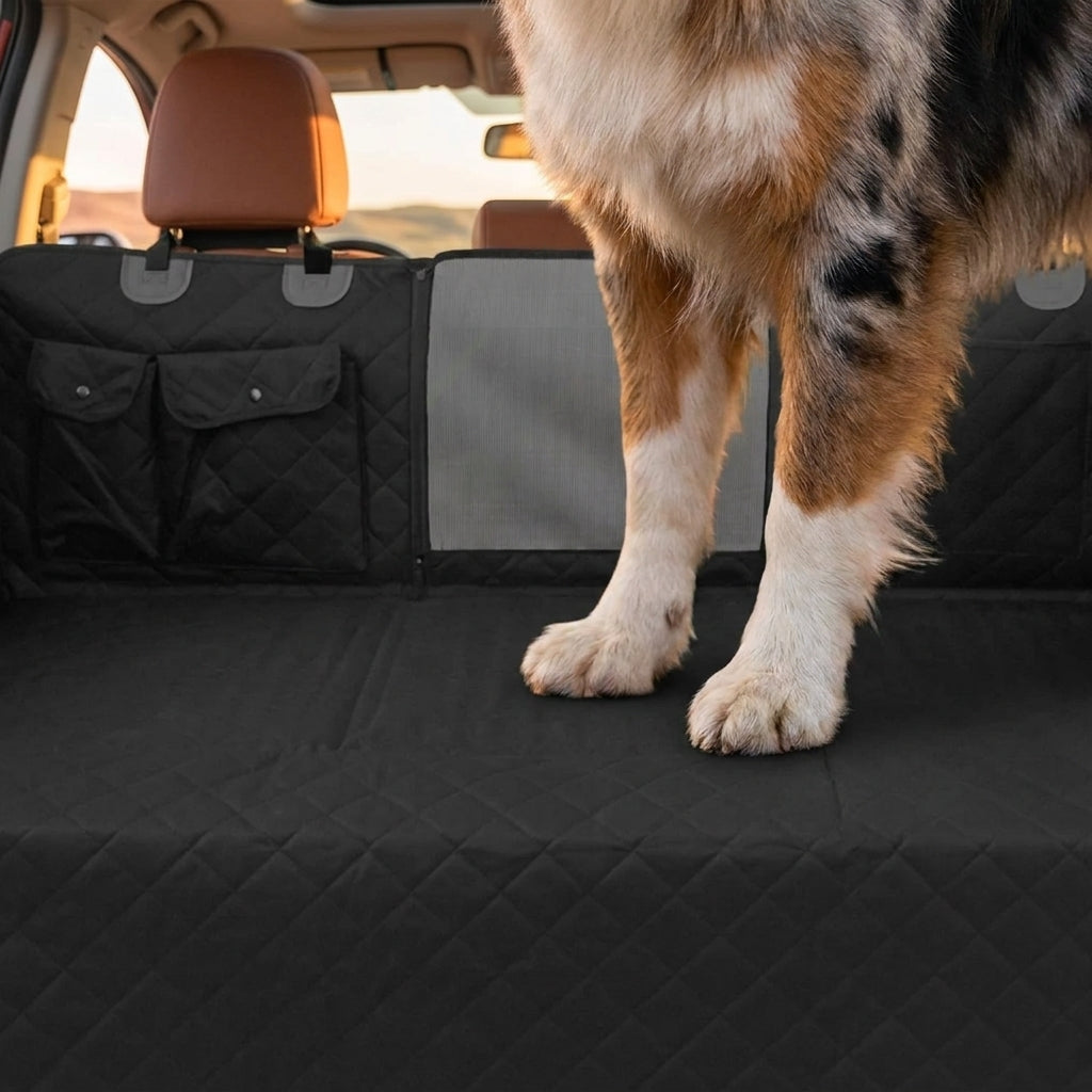 Pattes d'un chien posées à plat sur une surface rigide entre la banquette et les sièges avant