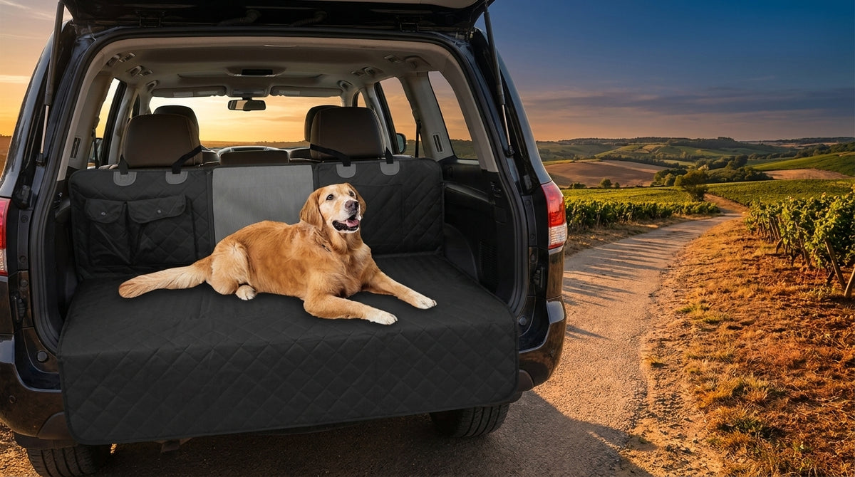 Plateau Copilote utilisé en coffre banquette rabattue, golden retriever, chemin de vignoble au coucher du soleil