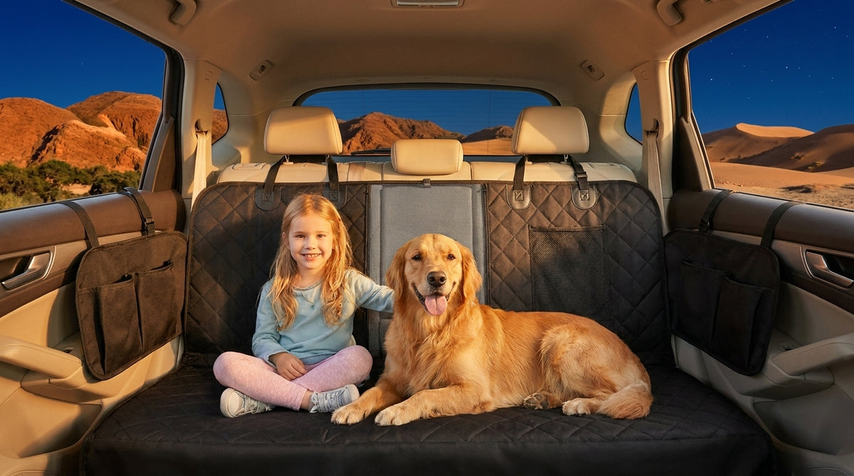 Golden retriever et enfant assis sur le Plateau Copilote, banquette arrière d'un SUV