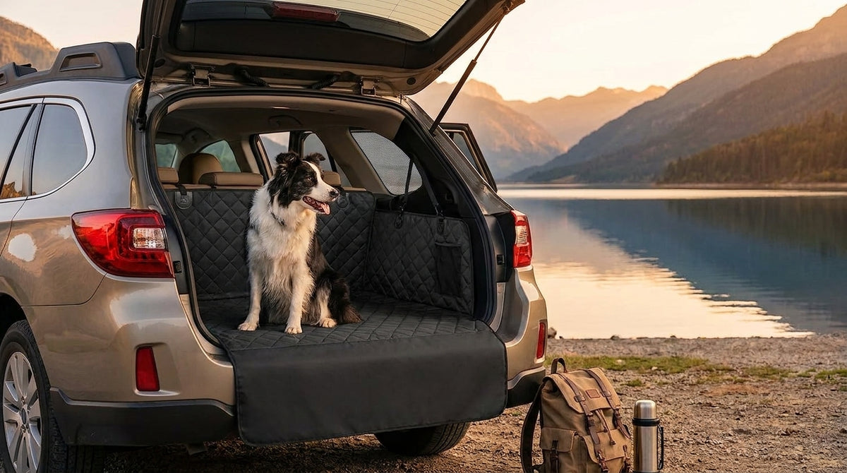 Border collie sur le Plateau Copilote, break garé au bord d'un lac de montagne