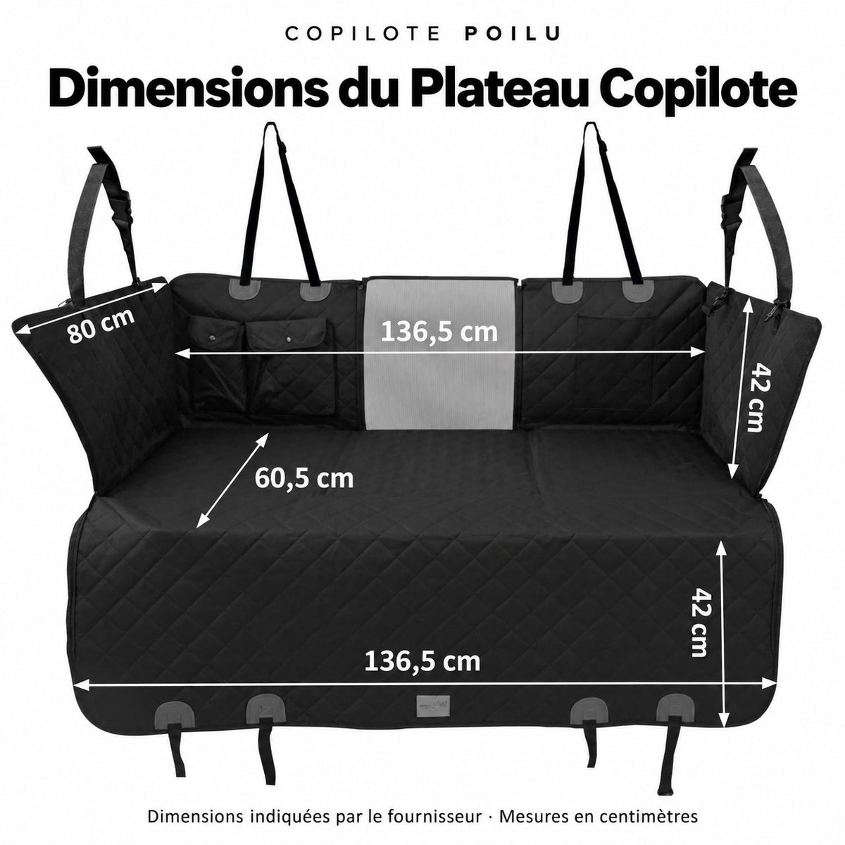 Dimensions du Plateau Copilote : 136,5 cm de large, dossier 80 cm, extension avant 60,5 cm, panneaux 42 cm