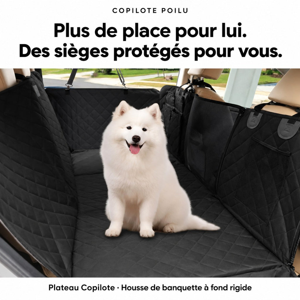 Plateau Copilote : plus de place pour lui, sièges protégés, samoyède assis sur le fond rigide