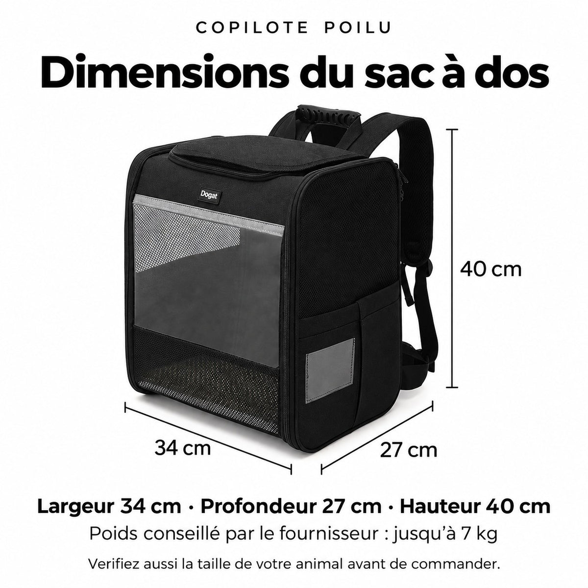 Dimensions du sac à dos Copilote : largeur 34 cm, profondeur 27 cm, hauteur 40 cm, jusqu'à 7 kg