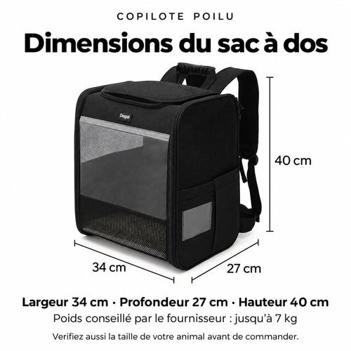 Dimensions du sac à dos Copilote : largeur 34 cm, profondeur 27 cm, hauteur 40 cm, jusqu'à 7 kg
