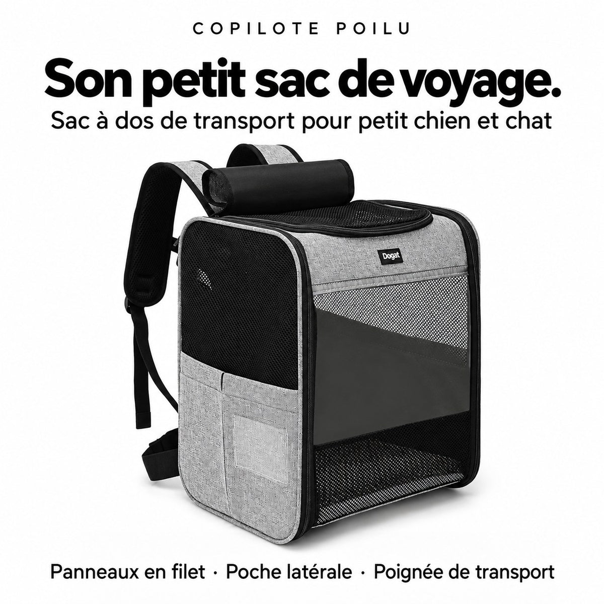 Sac à dos Copilote : sac de transport pour petit chien et chat, panneaux en filet, poche latérale, poignée